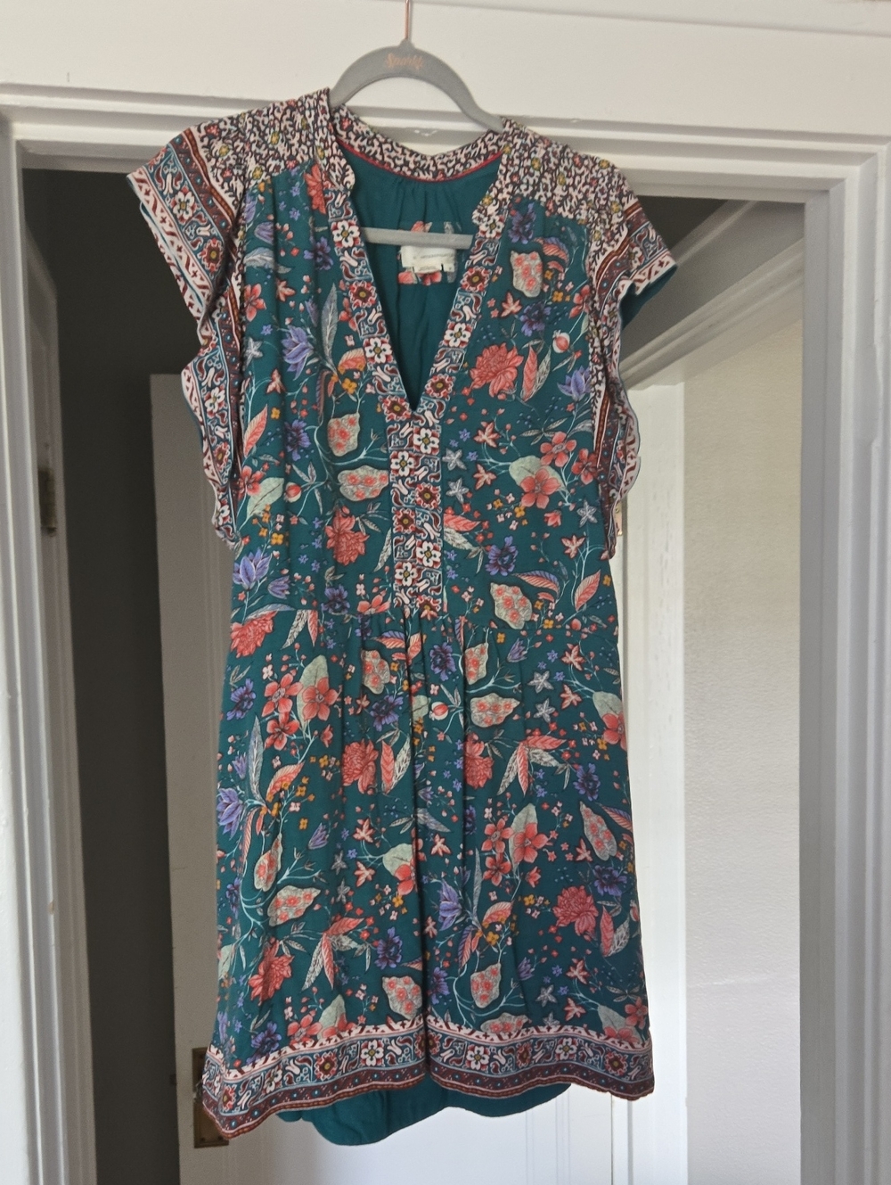 Anthropologie Teal Floral V-Neck Mini Anthropology Dress With Pockets